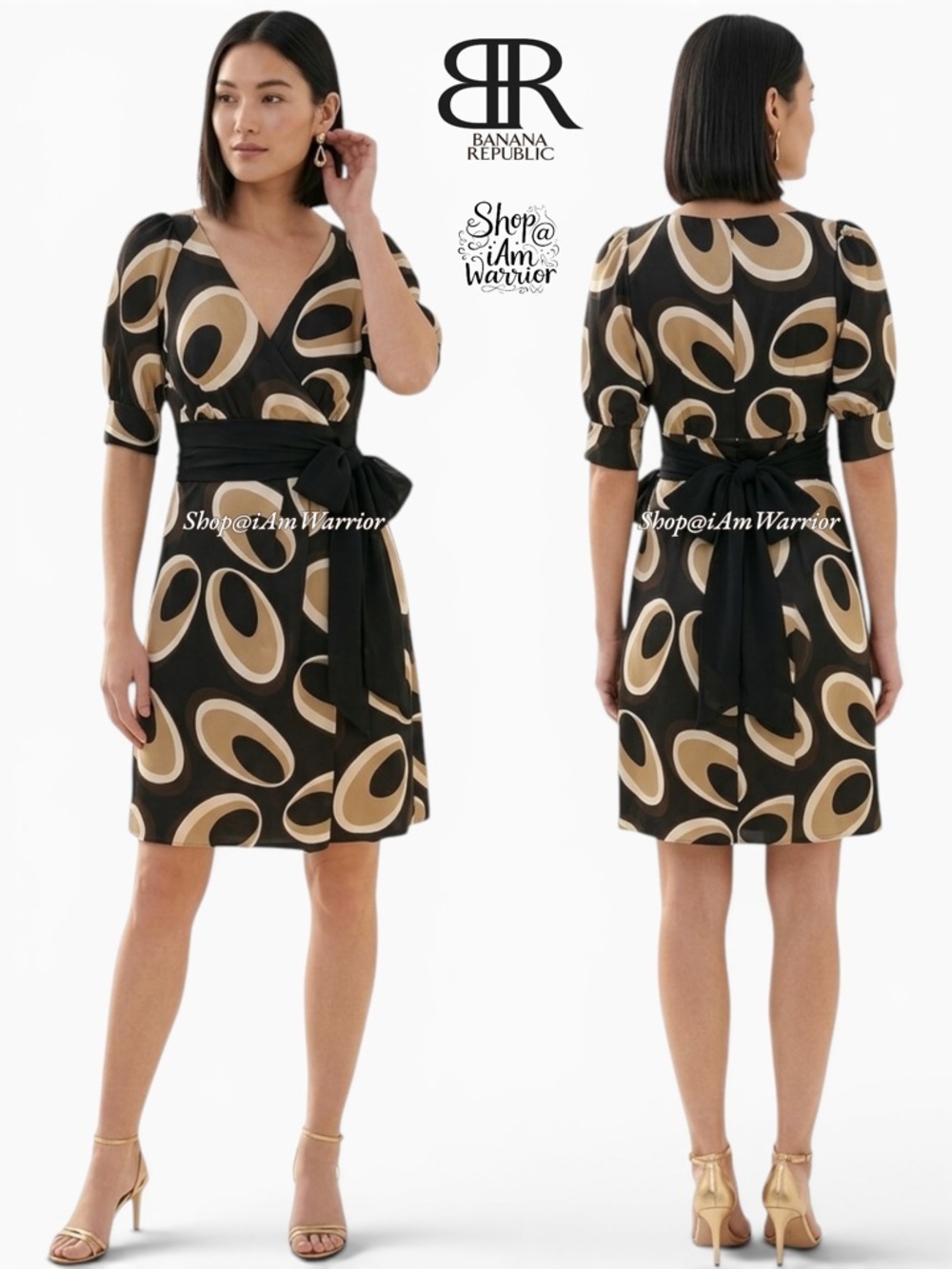 Banana Republic satin puff sleeve abstract printed wrap dress *shop@iamwarrior